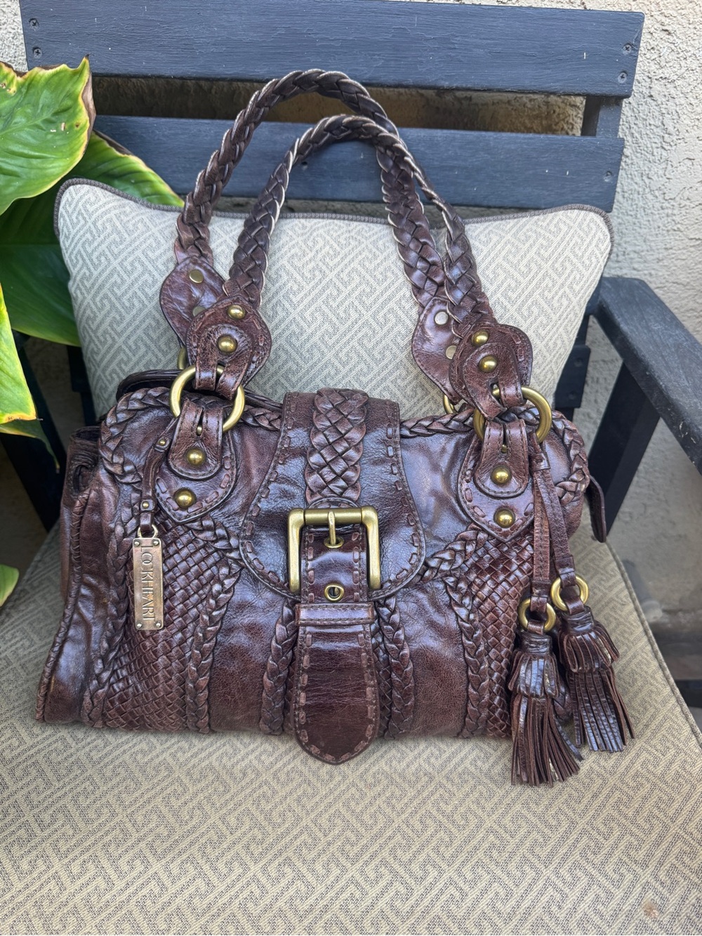 Vintage Lockheart Woven Leather Shoulder Bag in Rich Brown